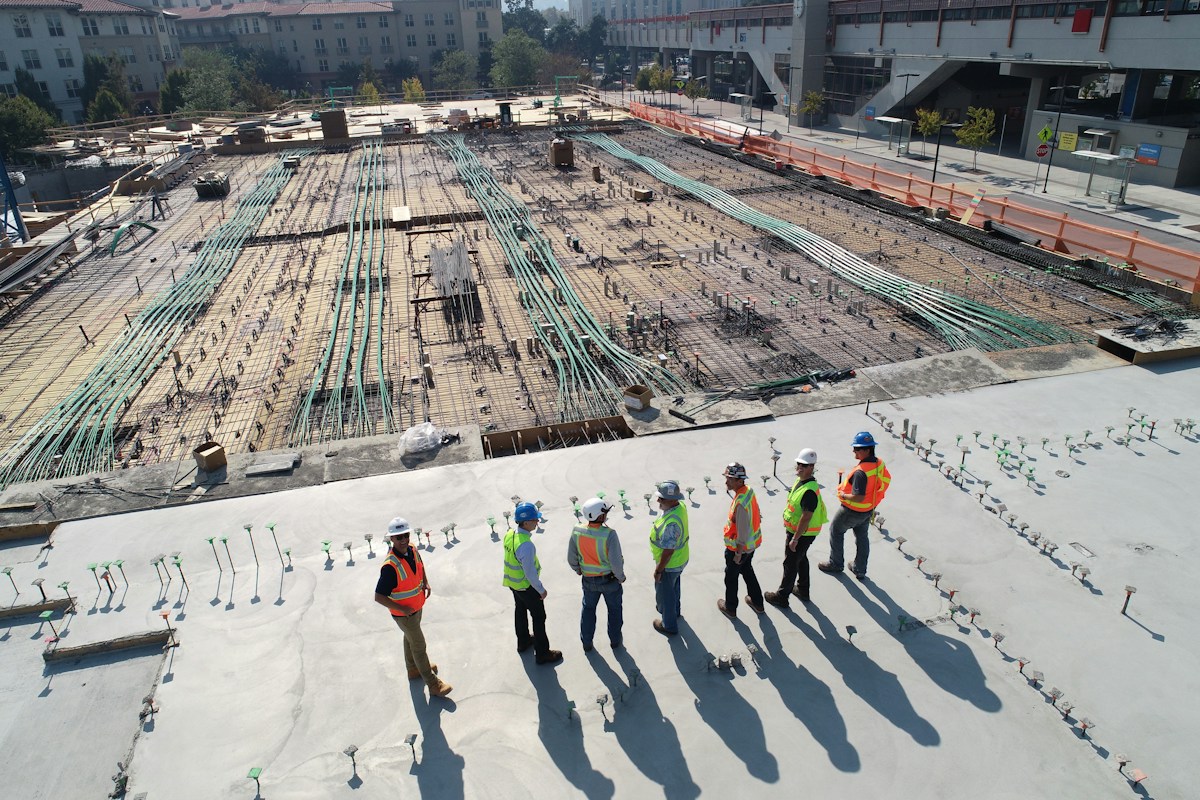 Construction project showing concrete structures and building materials